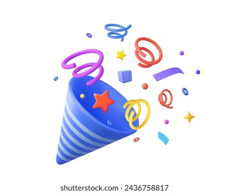 3D Party popper with explosion confetti. Birthday surprise. Firecracker with serpentine. Holiday and event celebration. 3d rendering. Vector illustration