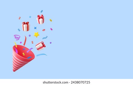 3D Party popper with explosion confetti and gift boxes. Birthday surprise. Firecracker with serpentine. Holiday and event celebration. 3d rendering. Vector illustration