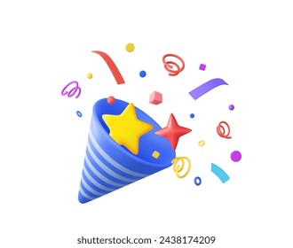 3D Party popper with explosion confetti. Birthday surprise. Firecracker with serpentine. Holiday and event celebration. 3d rendering. Vector illustration