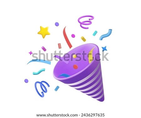 3D Party popper with explosion confetti. Birthday surprise. Firecracker with serpentine. Holiday and event celebration. 3d rendering. Vector illustration