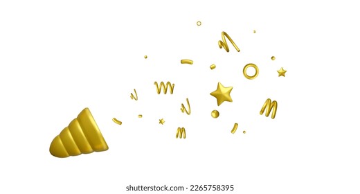 3d party popper explosion. Firecracker with flying golden confetti stars and spirals. Vector illustration isolated on white background