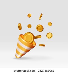 3d party popper with flying money coin. Render firecracker explosion full of golden coins icon. Gift, prize, bonus, surprise. Business growth, income, savings, investment, wealth. Vector illustration