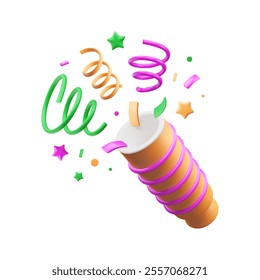 3d party popper. Mardi Gras firecracker with confetti, ribbons and stars. Firework icon. Carnival element. Plastic cartoon petard. Decorative birthday, New Year explosion. Vector illustration