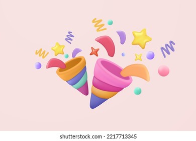 3d party poppers with flying confetti. Firecracker explodes with ribbon explode for surprise, winner, birthday party and anniversary with 3d cone popper. 3d confetti icon vector render illustration