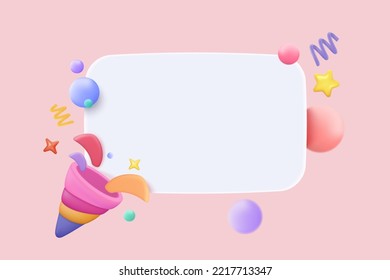 3d Party Poppers With Flying Confetti For Announce Promotion In New Year. Firecracker Explodes With Ribbon Explode For Surprise, Birthday Party With Cone Popper. 3d Icon Vector Render Illustration