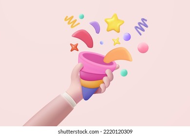 3d Party Poppers With Flying Confetti In Holding Hand. Firecracker Explodes With Ribbon Explode For Surprise, Winner, New Year Party With Cone Popper. 3d Confetti Bang Icon Vector Render Illustration