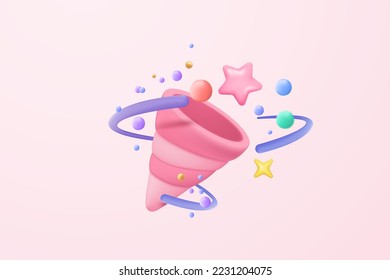 3d party poppers with flying confetti. Firecracker explodes 3d with ribbon explode for surprise, birthday party and anniversary with cone popper. 3d confetti fireworks icon vector render illustration