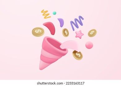 3d party poppers with flying confetti and money coin. Firecracker explodes with ribbon explode for surprise, winner, birthday party with cone popper. 3d confetti bang icon vector render illustration