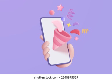 3d party poppers with flying confetti on mobile phone. Firecracker explodes 3d with ribbon explode for surprise, winner with phone celebration. 3d confetti bang icon vector render illustration