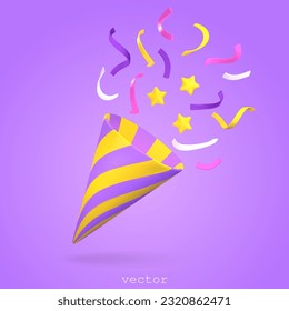 3d party poppers with flying confetti and stars. Firecracker, symbol of surprise. For birthday party, anniversary. Plasticine Cartoon Style. Vector 3D render illustration