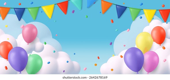 3d party scene with floating balloons, festive bunting, confetti, and fluffy clouds for kid banner, baby shower, birthday greeting card, 3d rendering. Vector illustration