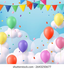 3d party scene with floating balloons, festive bunting, confetti, and fluffy clouds for kid banner, baby shower, birthday greeting card, 3d rendering. Vector illustration