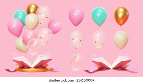 3d party surprise box set of colorful balloons flying out of open present boxes. Suitable for holiday or flash sale promo.