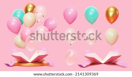 3d party surprise box set of colorful balloons flying out of open present boxes. Suitable for holiday or flash sale promo.