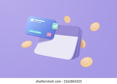 3d passbook with credit card and money coin in purple background. financial online purchase and transaction, funds transfers banking passbook payment. 3d money coin saving vector render illustration