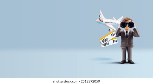 Avión de pasajeros en 3D, un hombre con binoculares buscando billetes. Anuncio para los conceptos de transporte aéreo, reserva y compra de billetes de avión. Propuesta de negocio. Ilustración vectorial.