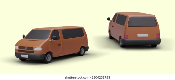 3D passenger van in different positions. Mini bus for passenger transportation. Realistic illustration of large family car with several seats. Images for advertising transport, travel companies, taxis