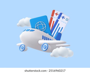 3d passport with boarding pass inside and airplane flying. Design concept for travelling, holidays, booking, transportation, flight. 3d rendering. Vector illustration