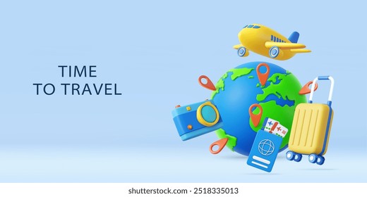 3d passport cover, earth and location pin, suitcase, camera and plane. Vacation and travel concept . 3d rendering. Vector illustration
