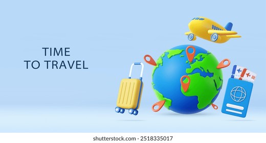 3d passport cover, earth and location pin, suitcase and plane. Vacation and travel concept . 3d rendering. Vector illustration