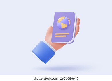 Pasaporte 3D, icono de documento de Identificación para turismo y viajes en mano. Pasaporte internacional para viajes legales, inmigración personal. Ilustración de renderizado de pasaporte de identidad ciudadana de Vector 3D
