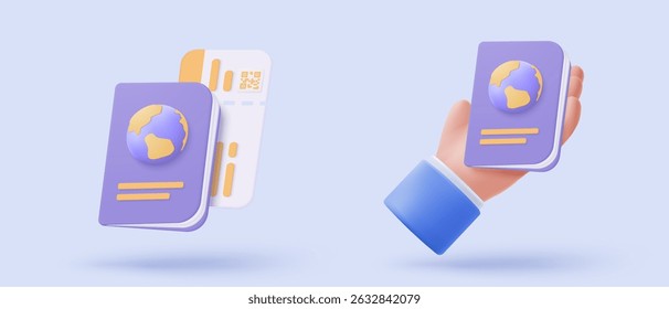 3D passport, identification document icon for tourism and travel in holding hand. International passport for travel legal, personal immigration. 3d vector citizen identity passport render illustration