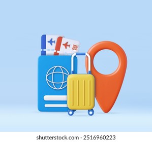 Passaporte 3d, bilhetes, mala de viagem. Hora de viajar. Projeto conceito para viagem, férias, reserva, transporte, voo. renderização 3d. Ilustração vetorial