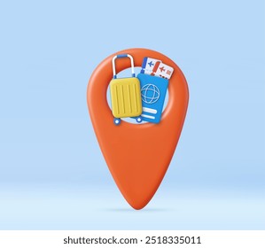 3d passport, tickets, travel bag. Time to travel banner. Design concept for travelling, holidays, booking, transportation, flight. 3d rendering. Vector illustration