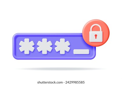 Campo de contraseña 3D con candado aislado. Representar el símbolo de contraseña oculta en Pad Lock. Protección de datos informáticos, seguridad y confidencialidad. Seguridad, cifrado de inicio de sesión y privacidad. Ilustración vectorial