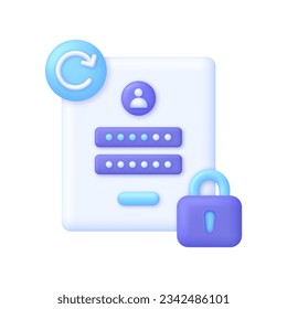 Ilustración de restablecimiento de contraseña 3D. Actualizar el concepto de datos personales. Obtener un nuevo nombre de usuario y contraseña para una cuenta. Protección de la información, seguridad en Internet.