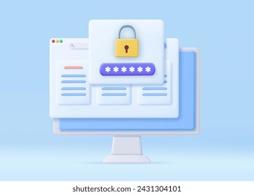Aviso web de acceso de seguridad de contraseña 3d en computadora. concepto de autorización privada. renderizado 3d. Ilustración de vector