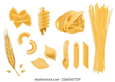 3d pasta, spaghetti, isolated macaroni. Italian raw food, farfalle noodle, Italy fusilli and fettuccine, yellow uncooked ingredients. Raw and dry wheat products. Vector realistic illustration