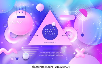 3d pastel background. Abstract poster with graphic fluid shapes and holographic gradients with color effects, lines on purple neon backdrop. Copy space in triangle. Vector banner template