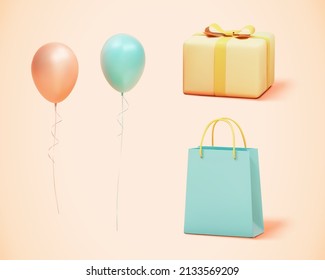 3d pastel birthday object collection, including balloons, gift box and shopping bag. Elements isolated on yellow background.