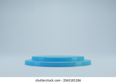 3D pastel blue cylinder podium on light background. Empty stage for product presentation. Realistic vector platform with free space. Minimalistic mockup design. Template of pedestal