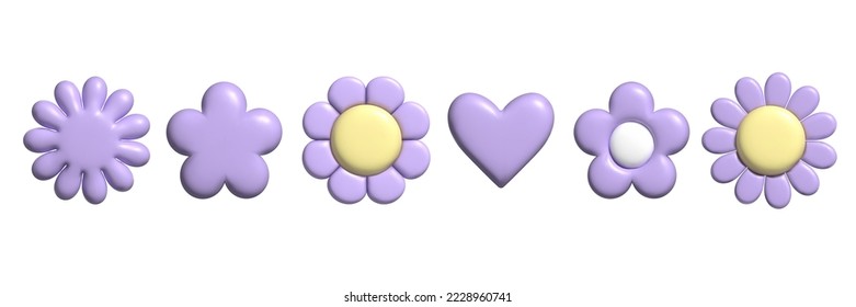 3D pastel flower and heart set. Y2k daisy stickers in trendy plastic style. Vector illustration with plasticine effect isolated on withe background. 3D render.