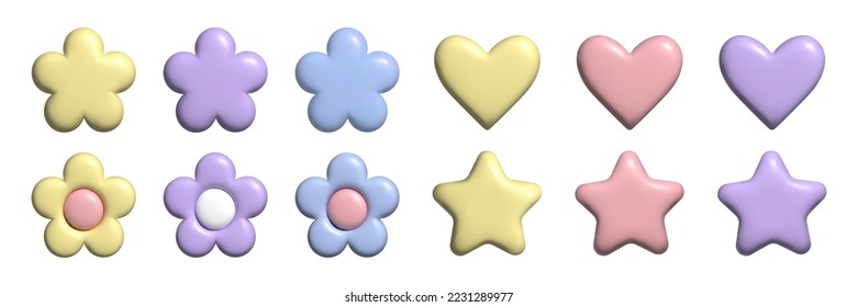 3D pastel flower heart and star set. Y2k daisy stickers in trendy plastic style. Vector illustration with plasticine effect isolated on withe background. 3D render.