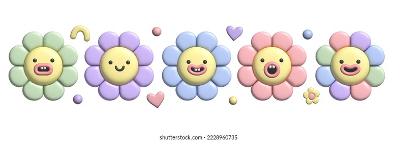 3D pastel flower set. Y2k cute smile daisy stickers in trendy plastic style. Vector illustration with plasticine effect isolated on withe background. 3D render.