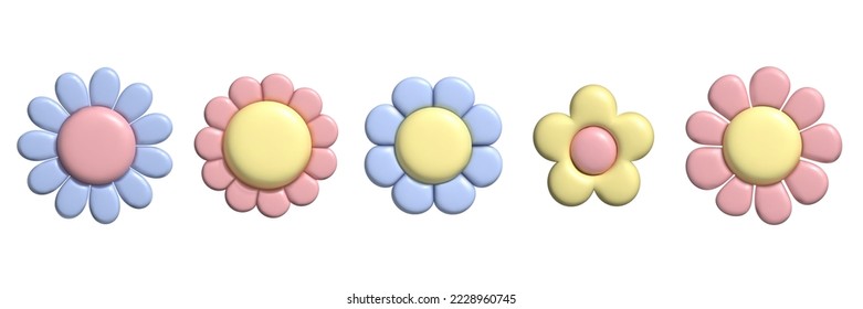 3D pastel flower set. Y2k daisy stickers in trendy plastic style. Vector illustration with plasticine effect isolated on withe background. 3D render.