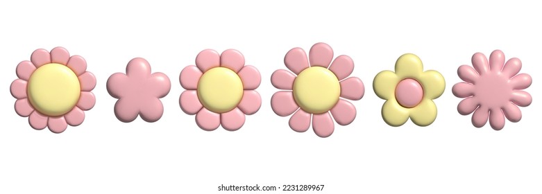 3D pastel flower set. Y2k daisy stickers in trendy plastic style. Vector illustration with plasticine effect isolated on withe background. 3D render.