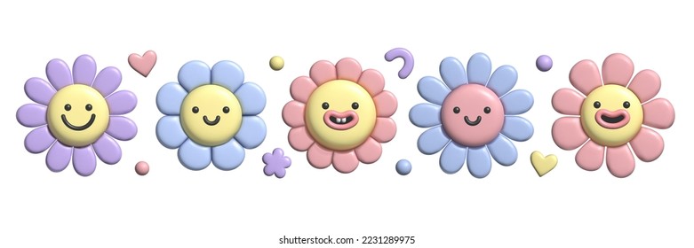 Juego de flores pastel 3D. Y2k lindo sonrisa pegatinas de margarita al estilo de plástico de moda. Ilustración vectorial con efecto plasticino aislado en el fondo. procesado 3D.