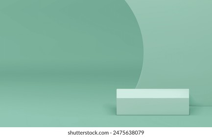 pedestal de podio verde pastel 3d con fondo de pared curvado Ilustración vectorial realista. Moderno renderizado de la luz de la exhibición cuadrada comercial vacía interior de la sala de exposición para la presentación del producto