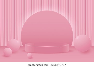 Podio rosa pastel 3D con bolas glamorosas de neón blanco y fondo geométrico abstracto. Plantilla para mostrar productos con mega descuentos ventas y banner para niñas feliz cumpleaños.Vector.