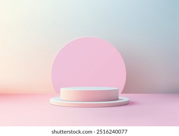 Podio en pastel 3D con fondo de círculo rosa, pantalla minimalista y elegante para vitrinas de Producto, conceptos creativos y diseño moderno en tonos pastel suaves