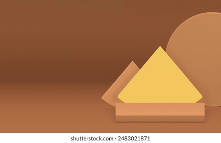 3d pastel podium with triangle round geometric shapes wall background realistic vector illustration. Neutral beige squared pedestal minimalist aesthetic yellow rendering stage for product show