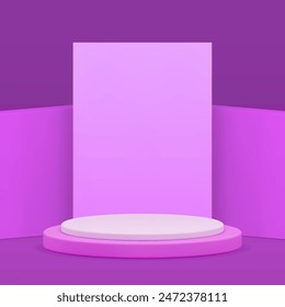 3d pastel purple podium pedestal with wall background realistic vector illustration. Violet trendy cylinder stand white platform advertising showroom mock up for cosmetic product show presentation