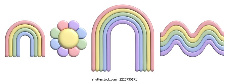 3D pastel ranbow and flower set. Y2k stickers in trendy plastic style. Vector illustration with plasticine effect isolated on withe background. 3D render.