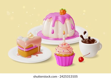 3d Patisserie Cakes Desserts and Coffee Concept Background Cartoon Style Panna Cotta, Piece Cake and Muffin. Vector illustration