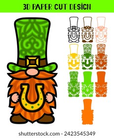 3D Patrick Gnome with horseshoe. Happy St. Patrick's Day. Cute cartoon vector character. Multilayer gnome. For paper cut. Illustration isolated on white background.