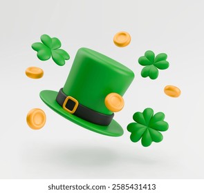 3D Patrick's hat. Flying leprechaun hat with golden coin, green shamrock and four-leaf clover. Realistic Irish symbol of St. Patrick's Day. Vector sign of luck and success on light gray background